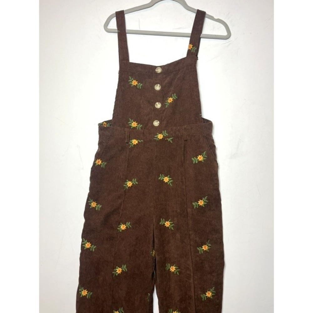Cider Brown Corduroy Floral Embroidered Wide Leg Overalls Womens Size L - Picture 2 of 10